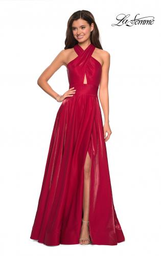 Picture of: Tone Tone Satin Dress with Wrap Around High Neckline in Red, Style: 27151, Detail Picture 5