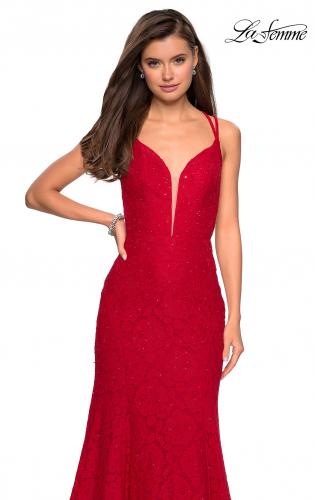 Picture of: Mermaid Style Lace Dress with Strappy Open Back in Red, Style: 27560, Detail Picture 5
