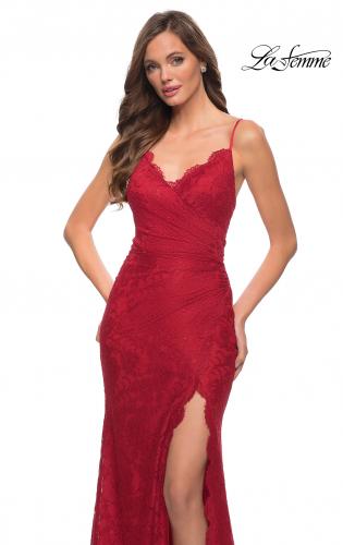 Picture of: Lace Long Dress with Scallop Detail on Skirt Slit in Red, Style 29939, Detail Picture 5