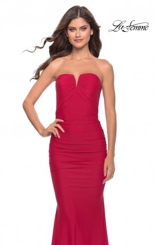 Picture of: Elegant Ruched Strapless Gown with Deep V in Red, Style: 31226, Detail Picture 5