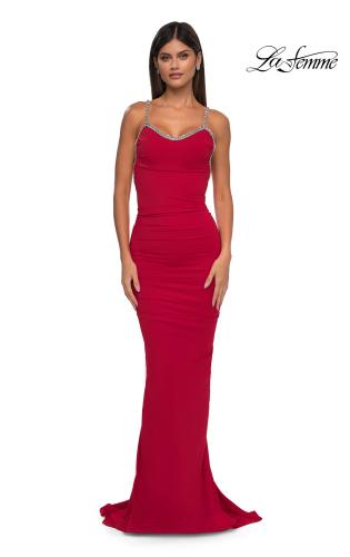 Picture of: Ruched Long Prom Dress with Low Back and Rhinestone Details in Red , Style: 32970, Detail Picture 5