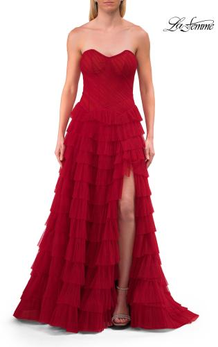 Picture of: Strapless Tiered Ruffle Gown with Pleated Bodice and Front Slit in Red, Style: 33202, Detail Picture 5