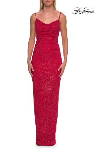 Picture of: Rhinestone Cowl Neck Gown with Open Back and Ruching in Red, Style: 33302, Detail Picture 5