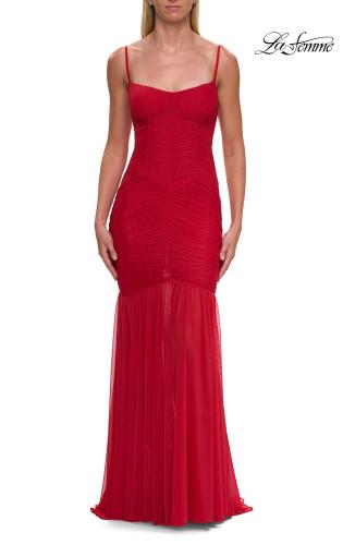 Picture of: Ruched Mesh Fitted Gown with Sheer Flared Hem in Red, Style: 33437, Detail Picture 5