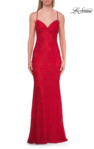 Picture of: Lace Fitted Gown with Crisscross Back and Rhinestones in Red, Style: 33514, Detail Picture 5