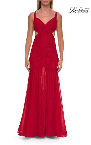 Picture of: Ruched Mesh Gown with Cutout Back in Red, Style: 33626, Detail Picture 5