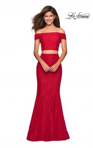 Picture of: Lace Two Piece Off the Shoulder Dress with Rhinestones in Red, Style: 27443, Detail Picture 6