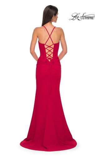 Picture of: Ruched Long Jersey Dress with Draped Rhinestone Neckline in Red , Style 32802, Detail Picture 6