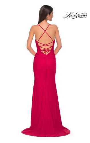 Picture of: Open Back Prom Dress with Rhinestone Detail Neckline in Red , Style 32851, Detail Picture 6