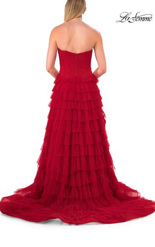Picture of: Strapless Tiered Ruffle Gown with Pleated Bodice and Front Slit in Red, Style: 33202, Detail Picture 6