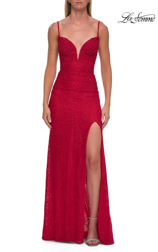 Picture of: Fitted Lace Gown with Plunging Neckline, Ruching, and High Slit in Red, Style: 33293, Detail Picture 6
