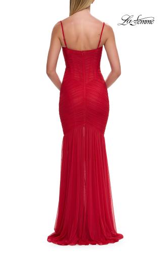 Picture of: Ruched Mesh Fitted Gown with Sheer Flared Hem in Red, Style: 33437, Detail Picture 6