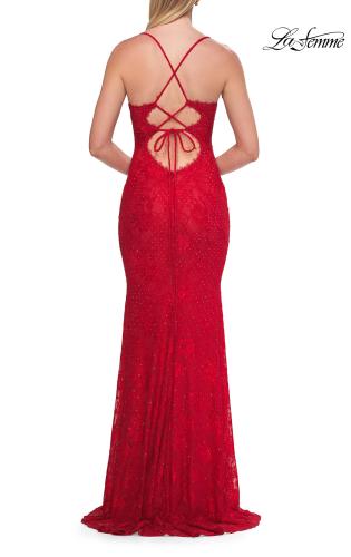 Picture of: Lace Fitted Gown with Crisscross Back and Rhinestones in Red, Style: 33514, Detail Picture 6