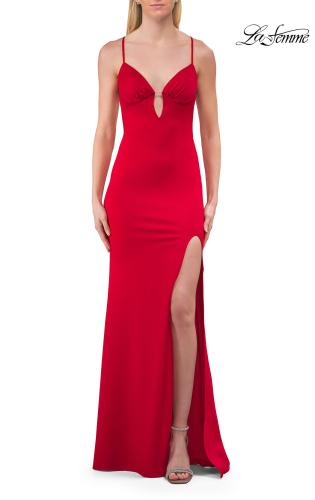 Picture of: Simple Jersey Gown with Cutout Bust and Open Cross-Back in Red, Style: 33745, Detail Picture 6