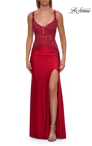 Picture of: Rhinestone Lace Corset Gown with Slit and Crisscross Lace-Up Back in Red, Style: 33769, Detail Picture 6