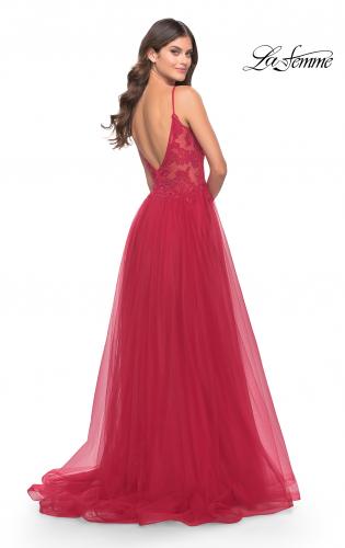 Picture of: A Line Tulle Gown with Lace Bodice and V Back in Red, Style: 31507, Detail Picture 7