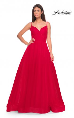 Picture of: Simple Tulle A-LIne Prom Dress with Ruched Illusion Bodice in Red, Style: 32130, Detail Picture 7