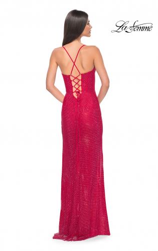 Picture of: Fishnet Rhinestone Prom Dress with Bustier Top and High Slit in Red, Style: 32210, Detail Picture 7