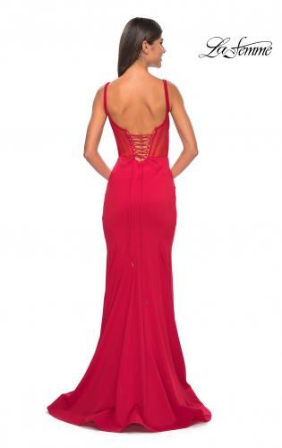 Picture of: Mermaid Jersey Gown with Bustier Top and Lace Up Back in Red, Style: 32268, Detail Picture 7