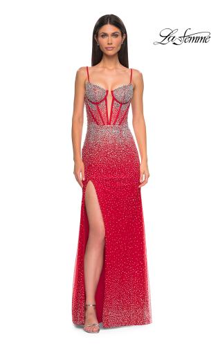 Picture of: Rhinestone Embellished Fitted Prom Dress with Corset and Deep V in Red , Style 32717, Detail Picture 7