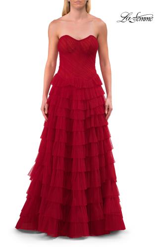 Picture of: Strapless Tiered Ruffle Gown with Pleated Bodice and Front Slit in Red, Style: 33202, Detail Picture 7