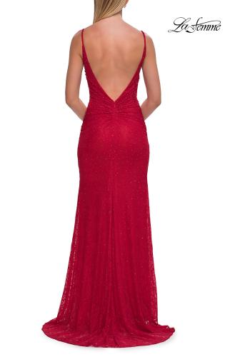 Picture of: Fitted Lace Gown with Plunging Neckline, Ruching, and High Slit in Red, Style: 33293, Detail Picture 7