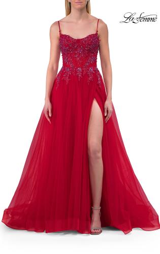 Picture of: Beaded Tulle A-Line Gown with Sheer Corset Bodice in Red, Style: 33702, Detail Picture 7