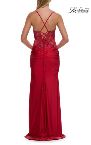 Picture of: Rhinestone Lace Corset Gown with Slit and Crisscross Lace-Up Back in Red, Style: 33769, Detail Picture 7