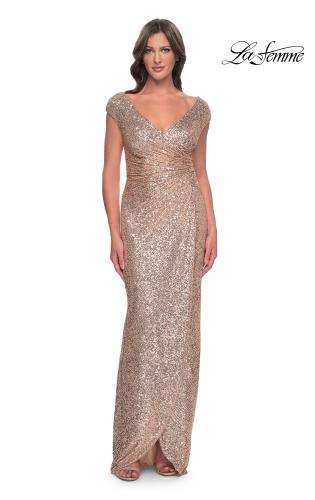 Picture of: Sequin Evening Dress with Ruching and V Neckline in Rose Gold, Style: 30865, Main Picture