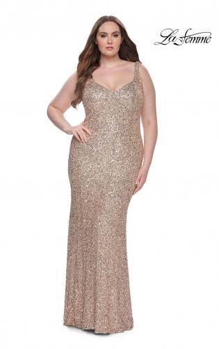 Picture of: Fitted Stretch Sequin Plus Size Dress with V Neck in Rose Gold, Style: 31163, Detail Picture 1