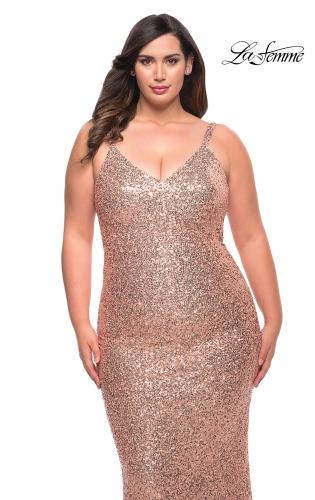 Picture of: V Neck Sequin Plus Size Long Gown in Rose Gold, Style: 29546, Detail Picture 6