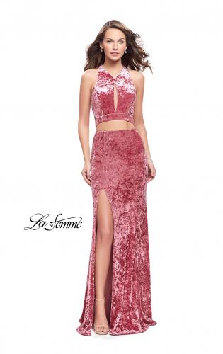 Picture of: Long Velvet Prom Dress with Crop Top and Leg Slit in Rose, Style: 25500, Detail Picture 1