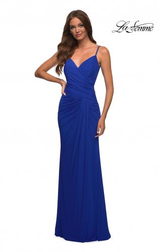 Picture of: Net Jersey Long Ruched Gown with Slit and Open Back in Royal Blue, Detail Picture 5