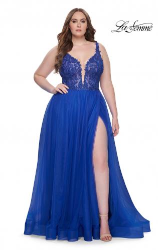 Picture of: Deep V Plus Size Tulle Dress with Lace Illusion Bodice in Royal Blue, Style: 31394, Detail Picture 11