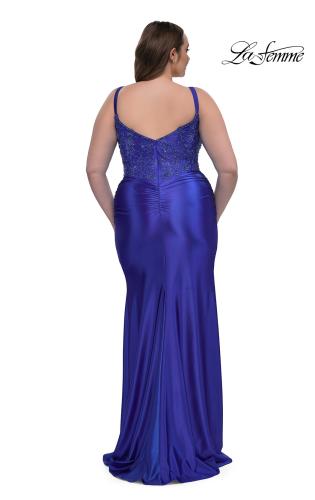 Picture of: Stretch Satin Plus Dress with Beautiful Rhinestone Designed Bodice in Royal Blue, Style: 32430, Back Picture