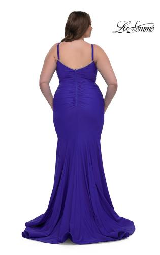 Picture of: Chic Plus Size Dress with Ruching and Rhinestone Neckline Detail in Royal Blue, Style: 33057, Back Picture