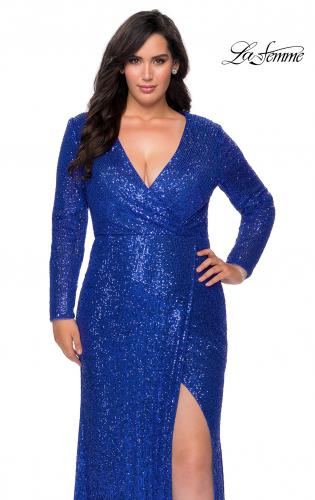 Picture of: Long Sleeve Sequin Plus Size Prom Dress with Slit in Royal Blue, Style: 28880, Detail Picture 1
