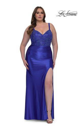 Picture of: Stretch Satin Plus Dress with Beautiful Rhinestone Designed Bodice in Royal Blue, Style: 32430, Detail Picture 3