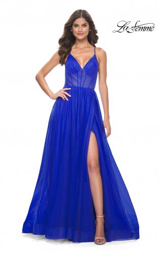 Picture of: A-Line Prom Dress with Illusion Ruched Bodice in Royal Blue, Style: 31457, Main Picture