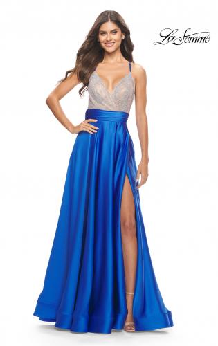 Picture of: Satin Gown with Sheer Rhinestone Bodice in Royal Blue, Style: 31592, Main Picture