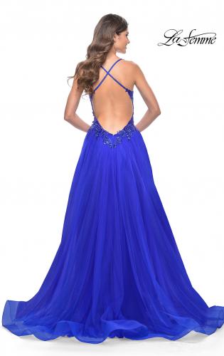 Picture of: Tulle A-Line Gown with Sheer and Beaded Lace Detail in Royal Blue, Style: 31471, Detail Picture 8
