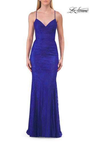 Picture of: Rhinestone Lace Gown with Crisscross Open Back in Royal Blue, Style: 33733, Detail Picture 8