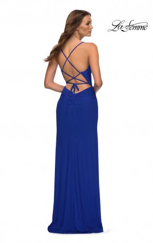 Picture of: Chic Long Net Jersey Dress with Lace Up Back in Blue, Style: 30418, Detail Picture 10