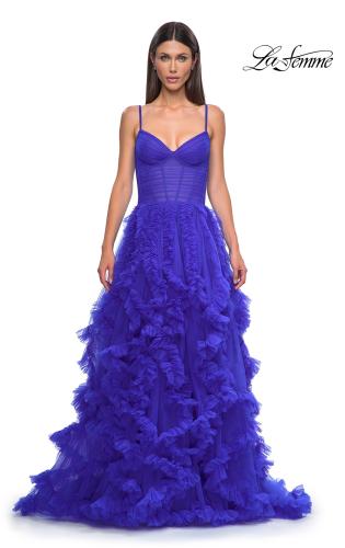 Picture of: Ruffle Tulle Dress with Unique Skirt and Illusion Corset Bodice in Royal Blue, Style 32719, Detail Picture 10