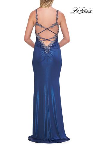 Picture of: Metallic Jersey Gown with Beaded Straps and Lace-Up Back in Royal Blue, Style: 33664, Detail Picture 10