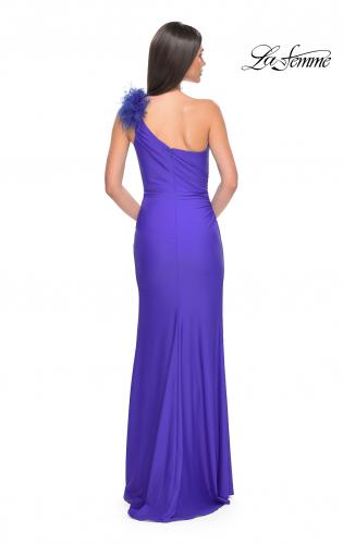 Picture of: One Shoulder Jersey Gown with Feather Detail in Royal Blue, Style: 32076, Detail Picture 11