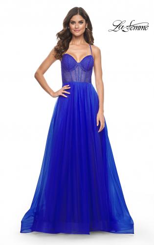Picture of: A-Line Tulle Gown with High Slit and Illusion Rhinestone Fishnet Bodice in Royal Blue, Style: 32135, Detail Picture 11