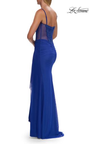 Picture of: Lace Bodice Gown with Ruched Skirt and High Slit in Royal Blue, Style: 33661, Detail Picture 11