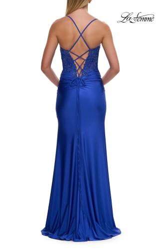 Picture of: Lace Corset Gown with High Slit and Lace-Up Back in Royal Blue, Style: 33505, Detail Picture 12