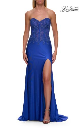 Picture of: Strapless Sheer Lace Corset Gown with High Slit in Royal Blue, Style: 33398, Detail Picture 13